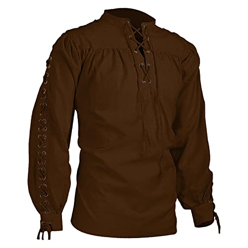 Herren Mittelalter Hemden Retro Piratenhemd Baumwolle Gothic Schnürung Langarm Renaissance Viktorianisch Hemden Wikinger Hippie Shirt Halloween Karneval Kostüm von Generic