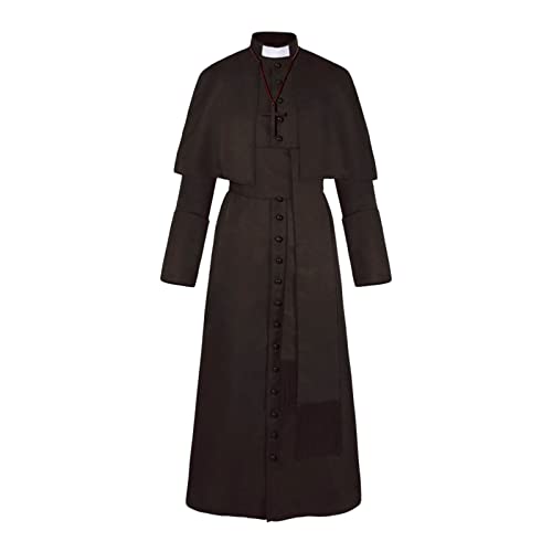 Herren Pfarrer Kostüm mit Halskette Gürtel - Gothic Geistliche Mantel Herren Lang Klassisch Mittelalter Trenchcoat Retro Viktorianische Hof Gehrock Elegant Bischof Kleidung Cosplay Halloween Kostüm von Generic