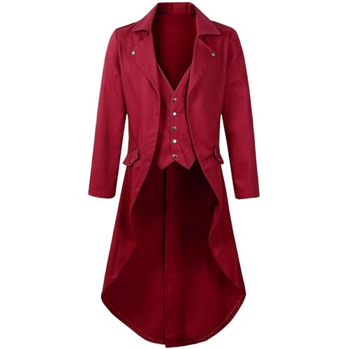 Herren Steampunk Jacke - Rot Gothic Frack Herren Lang Trendy Mantel Stickerei Mittelalter Gehrock Viktorianische Hof Anzugweste Elegant Tuxedo Theater Performance Vampir Kleidung Halloween Kostüm von Generic