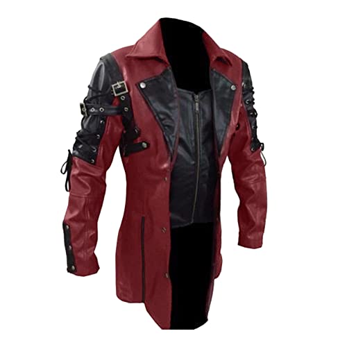 Herren Steampunk Lederjacke - Schwarz Motorrad Jacke Herren Retro Gothic Biker Ledermantel Mittelalter Uniform Mantel Viktorianische Hof Trenchcoats Bikerjacke Halloween Kostüm von Generic