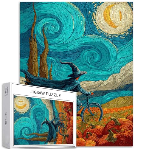 Hexe fährt Fahrrad 1000 Teile Puzzle für Erwachsene, Van Gogh Stil, Halloween-Feld-Puzzle, bunte DIY-Puzzles für Heimdekoration, Geschenke, Familienpuzzle, perfekt für Spielabende, 50 x 70 cm von Generic