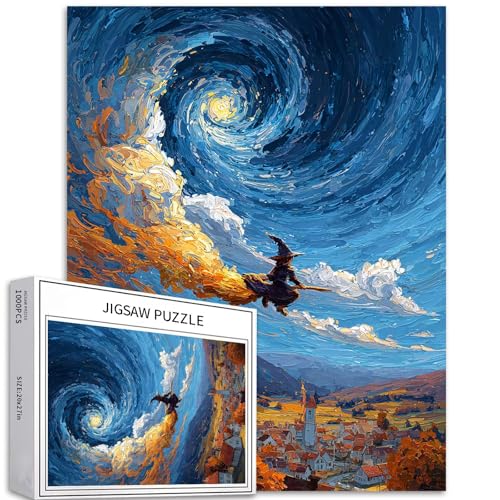 Hexe fliegender Besen, 1000-teiliges Puzzle für Erwachsene, Fantasy-Dorfkunst-Puzzle, bunt, DIY-Puzzle, Heimdekoration, Geschenke, Familienpuzzle, perfekt für Spielabende, 50 x 70 cm von Generic