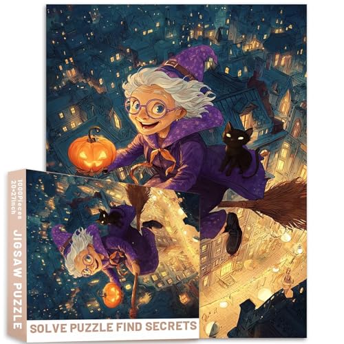Hexe fliegender Besen über der Stadt hält Kürbis schwarze Katze Halloween-Puzzle 1000 Teile für Erwachsene 68,6 x 50,8 cm anspruchsvolle Familienaktivitätsspiele buntes DIY-Bastelpuzzle für Hexe fliegender Besen über der Stadt hält Kürbis schwarze Katze Halloween-Puzzle 1000 Teile für Erwachsene 68,6 x 50,8 cm anspruchsvolle Familienaktivitätsspiele buntes DIY-Bastelpuzzle für von Generic