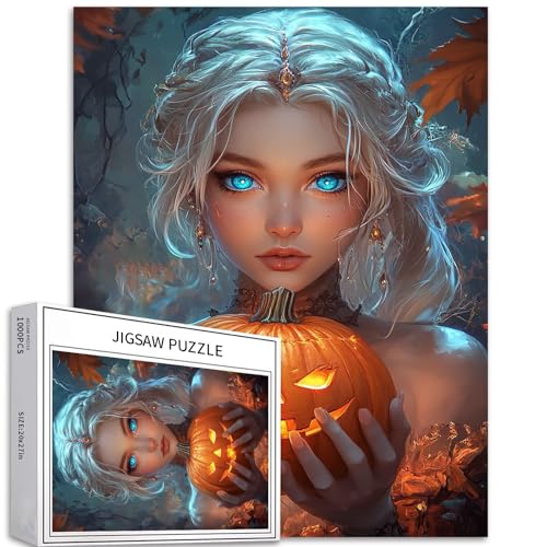 Hexe hält Kürbis 1000 Teile Puzzle für Erwachsene, Halloween, Anime-Kunst-Puzzle, bunte DIY-Puzzles für Heimdekoration, Geschenke, Familienpuzzle, perfekt für Spielabende, 50 x 70 cm von Generic