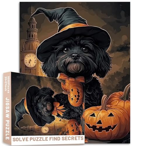 Hexenhund-Uhrturm, Halloween-Puzzle, dunkel, 1000 Teile, Herausforderung für Erwachsene, 68,6 x 50,8 cm, anspruchsvolle Familien-Aktivitätsspiele, buntes DIY-Bastelpuzzle für Heimdekoration, Geschenke von Generic