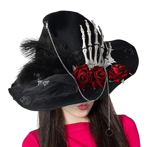 Hexenhut für Damen, Hexenhut - Halloween Cosplay Hut | Kostüme für Hexenhut mit Totenkopf und Rose für Frauen, Halloween Cosplay Kostüm von Generic