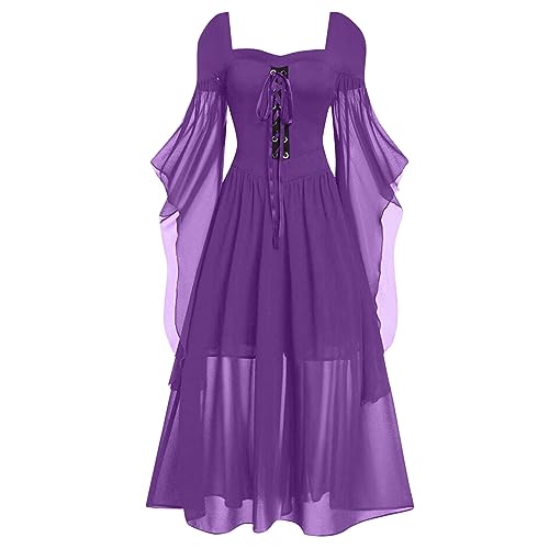 Hexenkostüm Damen Gothic Halloween Kleid Kostüm Damen,Übergröße A-Linie Schnüren Maxi Kleider mit Schmetterlingsärmeln für Frauen, Club Party Kostüme Festliches Vintage Schwarz Hexenkleid Cosplay von Generic
