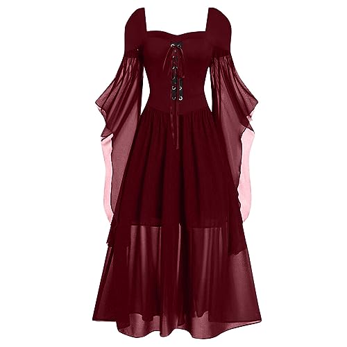 Hexenkostüm Damen Gothic Halloween Kleid Kostüm Damen,Übergröße A-Linie Schnüren Maxi Kleider mit Schmetterlingsärmeln für Frauen,Festliches Vintage Schwarz Hexenkleid Cosplay Club Party Kostüme von Generic