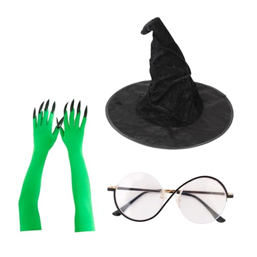 Hexenkostüm-Zubehör-Set, Brille, Hexenhut, grüne Handschuhe, Film, Cosplay, Requisiten, Halloween-Kostüm, Outfit für Damen, 4-teilig Hexenkostüm-Zubehör-Set, Brille, Hexenhut, grüne Handschuhe, Film, Cosplay, Requisiten, Halloween-Kostüm, Outfit für Damen, 4-teilig von Generic