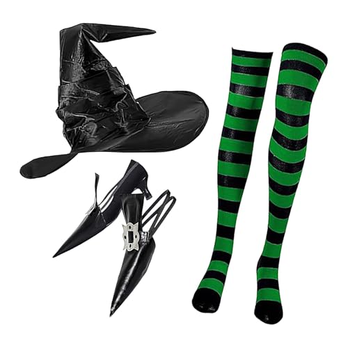 Hexenkostüm für Damen - 3 Halloween Dress Up Kit mit Hexenhut, gestreiften Kniestrümpfen und spitzen Hexenschuhen | PU & Satin | Ideal für Halloween, Cosplay und gruseliges Partyzubehör Hexenkostüm für Damen - 3 Halloween Dress Up Kit mit Hexenhut, gestreiften Kniestrümpfen und spitzen Hexenschuhen | PU & Satin | Ideal für Halloween, Cosplay und gruseliges Partyzubehör von Generic