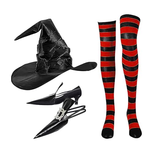 Hexenkostüm für Damen - 3 Halloween Kostüm Set mit Hexenhut, gestreiften Kniestrümpfen und spitzen Hexenschuhen | PU & Satin | Ideal für Halloween, Cosplay und gruselige Partyzubehör Hexenkostüm für Damen - 3 Halloween Kostüm Set mit Hexenhut, gestreiften Kniestrümpfen und spitzen Hexenschuhen | PU & Satin | Ideal für Halloween, Cosplay und gruselige Partyzubehör von Generic