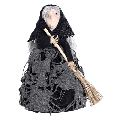 Hexenpuppe Halloween Dekoration - Gothic handgefertigte Horrorfigur mit realistischem Gesicht und Besenstiel, Angstzubehör | Dekorative Halloween -Verzierungen für Partys, Arbeitsplatz und gruselige R von Generic