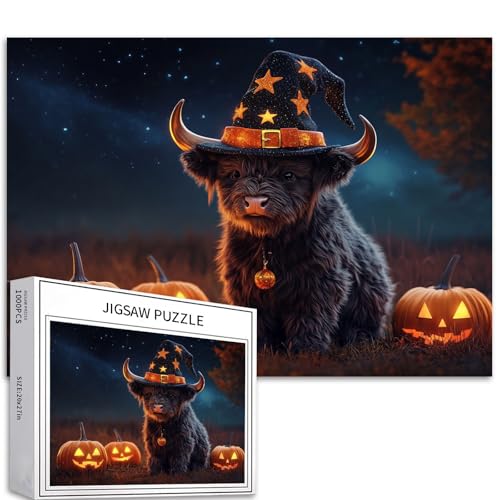 Highland Cattle Calf Wizard Hat 1000 Teile Halloween Puzzle Erwachsene Anfänger Leuchtende Kürbisse Nachthimmel Heimdekoration Geschenk 68,6 x 50,8 cm von Generic