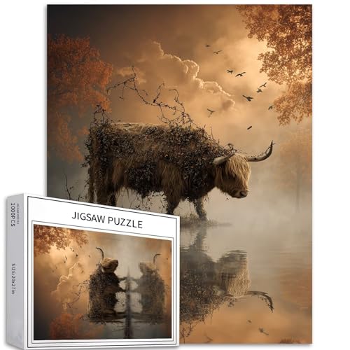 Highland Cattle Reflection Puzzle für Erwachsene, Halloween, Fantasy-Szene, Kunst, Puzzle, bunt, DIY-Puzzle, Heimdekoration, Geschenke, Familienpuzzle, perfekt für Spieleabende, 50 x 70 cm, 1000 Teile von Generic