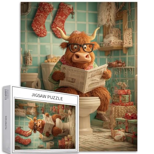 Highland Cattle Toilet Reading Newspaper 1000 Piece Jigsaw Puzzles for Adults Christmas Art Jigsaw Puzzle Challenging Family Activity Games Colorful DIY Craft Puzzle for Home Decor Gifts 20×27 Inches von Generic