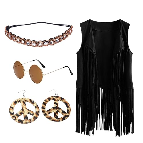 Hippie Kostüm Damen Set 4PC Sets ärmellos Hippie Weste Mit Fransen Fransenweste 60er 70er Disco Outfit Hippie Karneval Faschingskostüme Vintage Fransenjacke Kleidung Hippie Kostüm Damen Set 4PC Sets ärmellos Hippie Weste Mit Fransen Fransenweste 60er 70er Disco Outfit Hippie Karneval Faschingskostüme Vintage Fransenjacke Kleidung von Generic