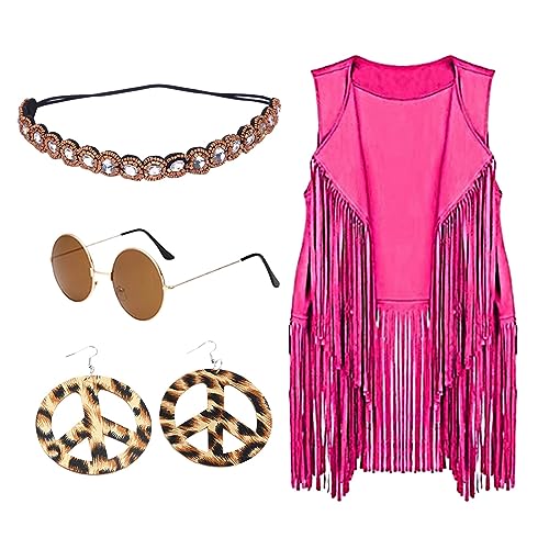 Hippie Kostüm Damen Set 4PC Sets ärmellos Hippie Weste Mit Fransen Fransenweste 60er 70er Disco Outfit Hippie Karneval Faschingskostüme Vintage Fransenjacke Kleidung von Generic