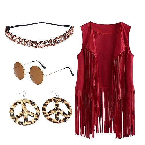 Hippie Kostüm Damen Set 4PC Sets ärmellos Hippie Weste Mit Fransen Fransenweste 60er 70er Disco Outfit Hippie Karneval Faschingskostüme Vintage Fransenjacke Kleidung von Generic