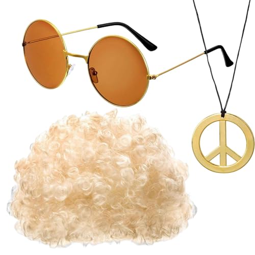 Hippie-Perücke und Sonnenbrille, Sonnenbrille und Hippie-Halskette, 3-teiliges Hip-Hop-Kostüm-Set, goldene Disco-Sonnenbrille, Disco-Kostüm-Zubehör für Männer, goldfarben, Se référer au descriptif Hippie-Perücke und Sonnenbrille, Sonnenbrille und Hippie-Halskette, 3-teiliges Hip-Hop-Kostüm-Set, goldene Disco-Sonnenbrille, Disco-Kostüm-Zubehör für Männer, goldfarben, Se référer au descriptif von Generic