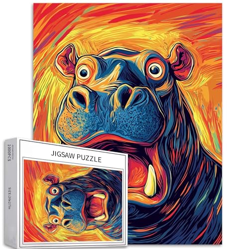 Hippo Shouting Puzzle für Erwachsene, Cartoon-Stil, Kunst-Puzzle, bunt, DIY-Puzzle, Heimdekoration, Geschenke, Familienpuzzle, perfekt für Spieleabende, 50 x 70 cm, 1000 Teile von Generic