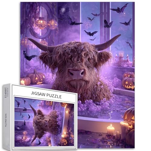 Hochlandrinder in der Badewanne, 1000-teiliges Puzzle für Erwachsene, Halloween, Fledermaus, fliegende Puzzle, bunte DIY-Puzzles für Heimdekoration, Geschenke, Familienpuzzle, perfekt für Spielabende von Generic