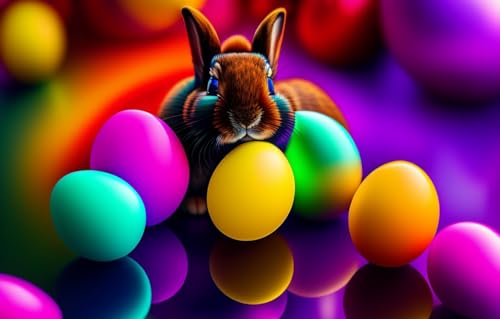 Holz Puzzle 1000 Teile, Kaninchen Bunte Ostern Bemalte Eier Regenbogenkunst 3D-Puzzles 75X50Cm von Generic