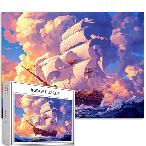 Holz-Segelboot, 1000-teiliges Puzzle für Erwachsene, Sturmwolken, Hintergrund, Kunst, Puzzle, bunt, DIY-Puzzle, für Heimdekoration, Geschenke, Familienpuzzle, perfekt für Spieleabende, 70 × 50 cm von Generic