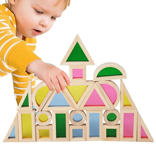 Holzbausteine, Holzbausteine Set - 24X Regenbogen Stapelbare Holzschlösser | Pädagogische geometrische Bausteine Set Interac-Spielzeug-Stapelbausteine von Generic