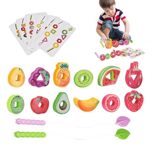 Holzperlen zum Auffädeln, Spielzeug zum Auffädeln von Holzschnüren, Obstschnur-Set, Holzschnürspielzeug, Holzblöcke mit Obstmotiv von Generic