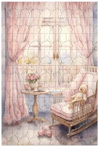 Holzpuzzle für Erwachsene, 1000 Teile, Aquarellstil, rosa Mädchenzimmer, rosa Vorhänge, auf Stühlen liegende Stofftiere (A ; 1000) von Generic