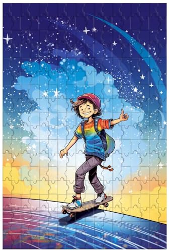 Holzpuzzle für Erwachsene, 1000 Teile, für Skateboard-Teenager, die auf dem Regenbogenpfad gleiten, im Cartoon-Stil (D ; 1000) von Generic