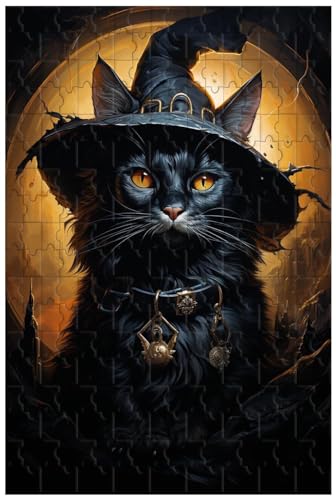 Holzpuzzle für Erwachsene, 1000 Teile, für eine lächelnde Schwarze Katze, die einen Hexenhut aufsetzt und an deren Halsband EIN Halbmondanhänger baumelt (B ; 120) von Generic