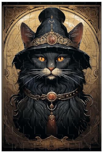 Holzpuzzle für Erwachsene, 1000 Teile, für eine lächelnde Schwarze Katze, die einen Hexenhut aufsetzt und an deren Halsband EIN Halbmondanhänger baumelt (C ; 120) von Generic
