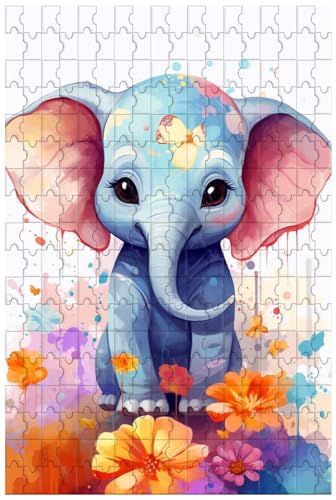 Holzpuzzle für Erwachsene, 1000 Teile, für freches blaues Elefantenbaby, das mit Luftballons spielt, Cartoon-Aquarell-Illustration (C ; 1000) von Generic
