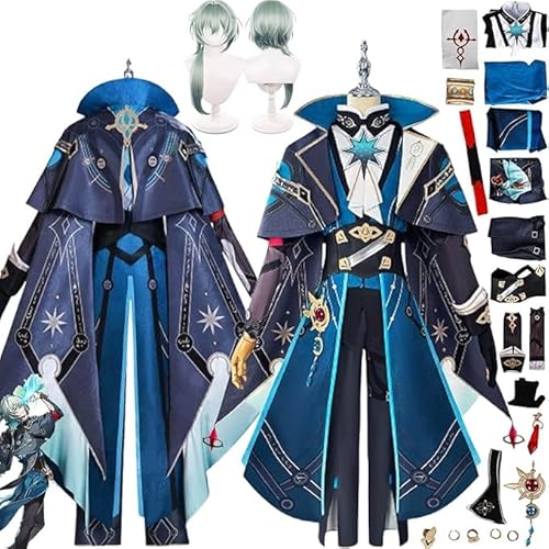 Honkai Star Rail Anaxagoras Cosplay Kostüm Outfit Spielcharakter Uniform Komplettes Set Halloween Karneval Dress Up Anzug mit Perücke Ohrclip Augenklappe für Männer (Blau, L) von Generic