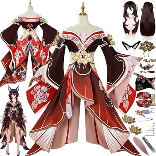 Honkai Star Rail Fugue Cosplay Kostüm Outfit Spielcharakter Uniform Komplettes Set Halloween Karneval Party Dress Up Anzug mit Perücke Kopfschmuck Schwanz für Frauen (red, XXXL) von Generic