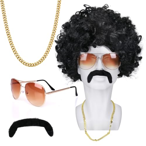 Humairc Afro Perücke Schwarz Herren Damen 70er 80er Jahre Outfit Perücke Herren Sonnenbrille Halskette Bart Männer Karneval Fasching Kostüme von Generic