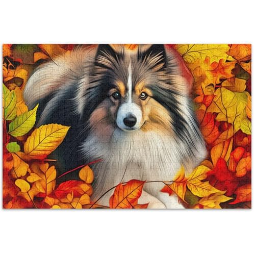 Hunde-Puzzle, Herbstblätter, 500 Teile für Erwachsene, Kunstwerk, Tierdruck, individuell, einzigartiges Puzzle, Freunde, Familienspiel, Geschenke, 500 x 37 cm von Generic