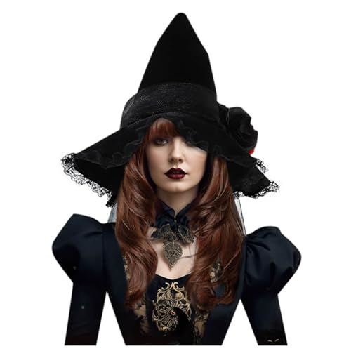 Hut Hexe Gothic mit Seidenblumen - Zaubererhut mit Federn und Netz,Lustiger Hexenhut für Erwachsene,Cosplay-Zubehör für Halloween, Kostüm, Party, Weihnachten, Maskerade, Karneval (Black, A) von Generic