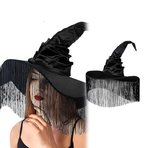 Hut Hexe Plissee Quaste - Zaubererhut mit Federn und Netz,Lustiger Hexenhut für Erwachsene,Cosplay-Zubehör für Halloween, Kostüm, Party, Weihnachten, Maskerade, Karneval (Black, 45x45cm) von Generic