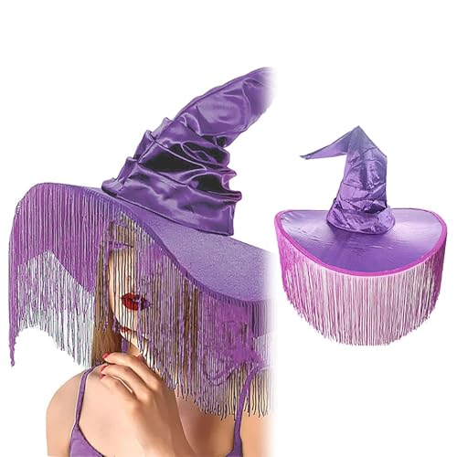 Hut Hexe Plissee Quaste - Zaubererhut mit Federn und Netz,Lustiger Hexenhut für Erwachsene,Cosplay-Zubehör für Halloween, Kostüm, Party, Weihnachten, Maskerade, Karneval (Purple, 45x45cm) von Generic