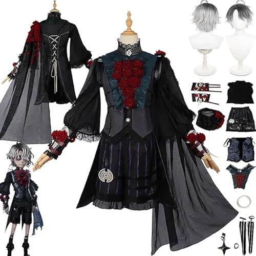 Identity V Emil Neue Haut Cosplay Kostüm Outfit Spiel Charakter Uniform Komplettes Set Halloween Karneval Dress Up Anzug mit Perücke Ring Ohrringe für Männer Jungen (Schwarz, XS) von Generic