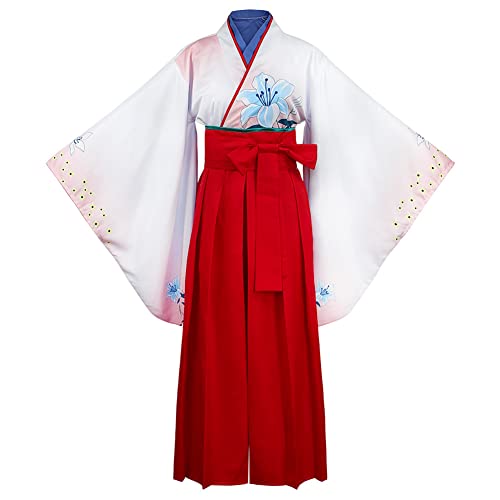 Japanisches Kimono-Kostüm Hakama mit traditionellem Blumendruck, Samurai Yukata, Gürtel, Kopfbedeckungs-Set, Halloween-Cosplay-Outfit (35-Rot, XL) von Generic