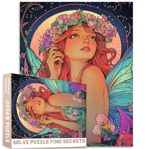Jugendstil-Puzzle, 1000 Teile, rothaarig, Fee, Sterne, Mondflügel, Vintage-Poster, 68,6 x 50,8 cm, bunt, DIY-Puzzle, Heimdekoration, Geschenke, Familienpuzzle, perfekt für Spieleabende Jugendstil-Puzzle, 1000 Teile, rothaarig, Fee, Sterne, Mondflügel, Vintage-Poster, 68,6 x 50,8 cm, bunt, DIY-Puzzle, Heimdekoration, Geschenke, Familienpuzzle, perfekt für Spieleabende von Generic