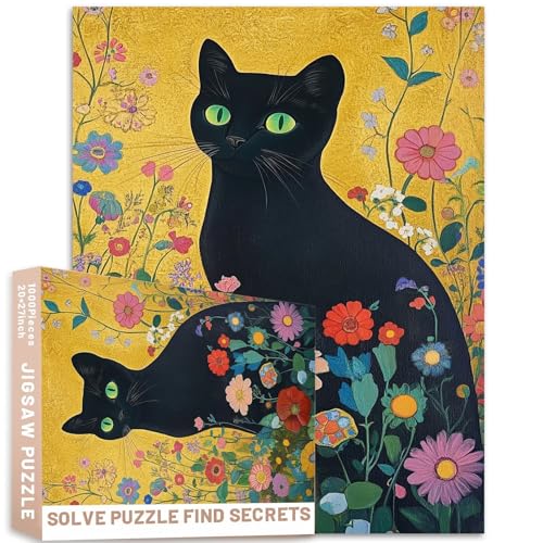 Jugendstil-Puzzle, Motiv: schwarze Katze, Ölgemälde, Stil, Blattgold, Blumendetails, hohe Auflösung, 68 x 50 cm Jugendstil-Puzzle, Motiv: schwarze Katze, Ölgemälde, Stil, Blattgold, Blumendetails, hohe Auflösung, 68 x 50 cm von Generic