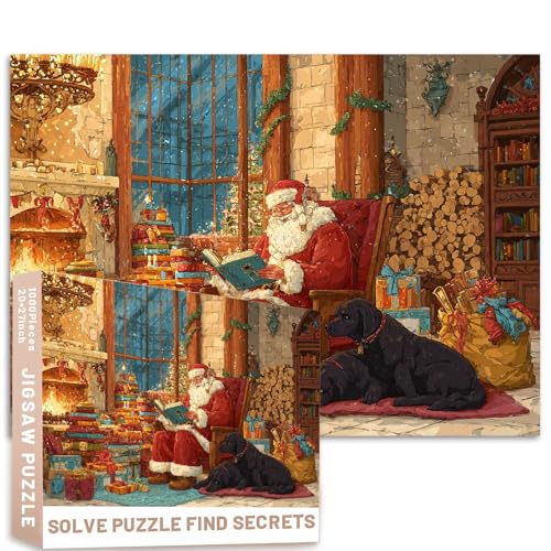 Kamin, Weihnachtsmann, Lesebuch, Puzzle, Hunde, Geschenke, Kronleuchter, Weihnachtszimmer, 1000 Stück, gemütliche Illustration, Erwachsene, anspruchsvolle Familienaktivitäten, Spiele, bunt von Generic