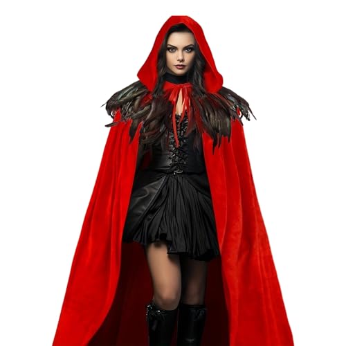 Kapuzenumhang für Herren | Kostüm mit Kapuze aus Samt für Halloween, Unisex-Outfit für Hexe der Renaissance für Partys und Cosplay für Erwachsene, Männer und Frauen, rot, Se référer au descriptif von Generic