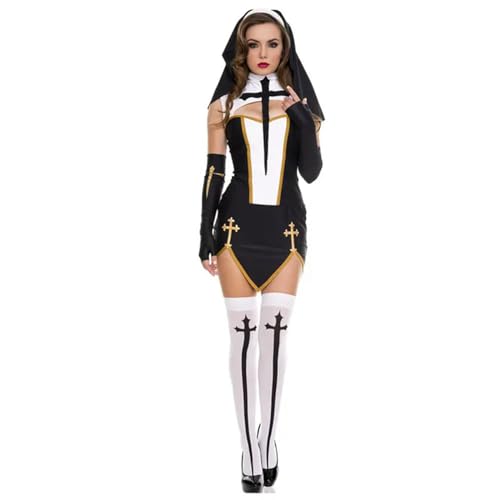 Karneval Halloween-Kostüme für Frauen Nonnenkostüm Erwachsene Kirche Religiöses Kloster Fancy Partykleid-Schwarz-XXXL von Generic