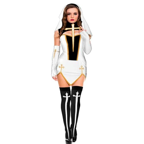 Karneval Halloween-Kostüme für Frauen Nonnenkostüm Erwachsene Kirche Religiöses Kloster Fancy Partykleid-Weiß-XL von Generic