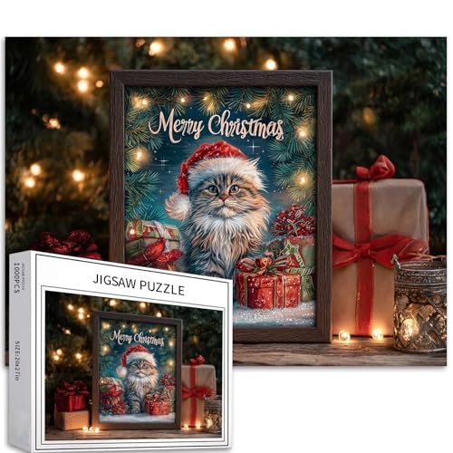 Katze mit Weihnachtsmannmütze, 1000-teiliges Puzzle für Erwachsene, Szenenkunst-Puzzle, herausfordernde Familienaktivitäten, buntes DIY-Bastelpuzzle für Heimdekoration, Geschenke, 68 x 50 cm von Generic